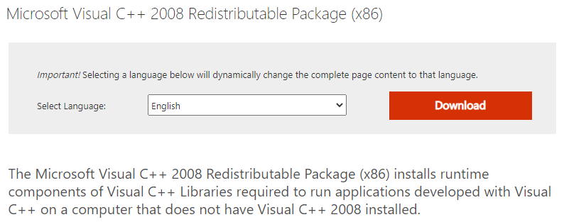 Screenshot of the download link for 2008 Microsoft C++ Redistributables.