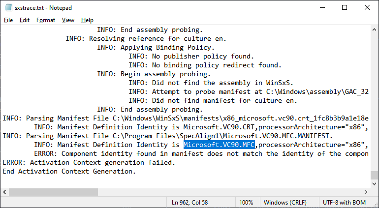 The error message that was present in the log file.