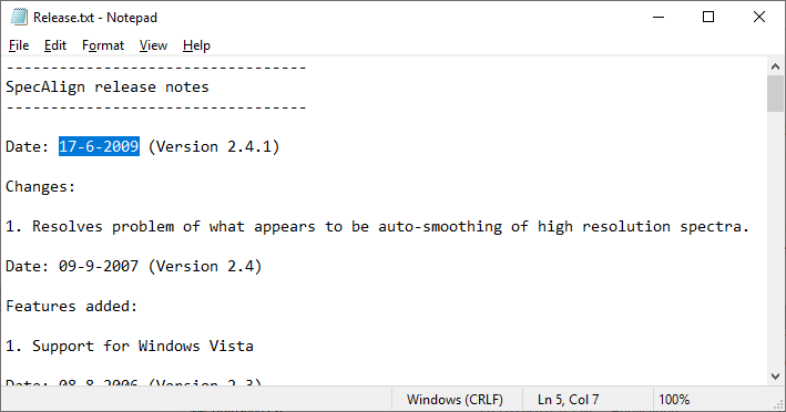 SpecAlign release notes, including the release date.